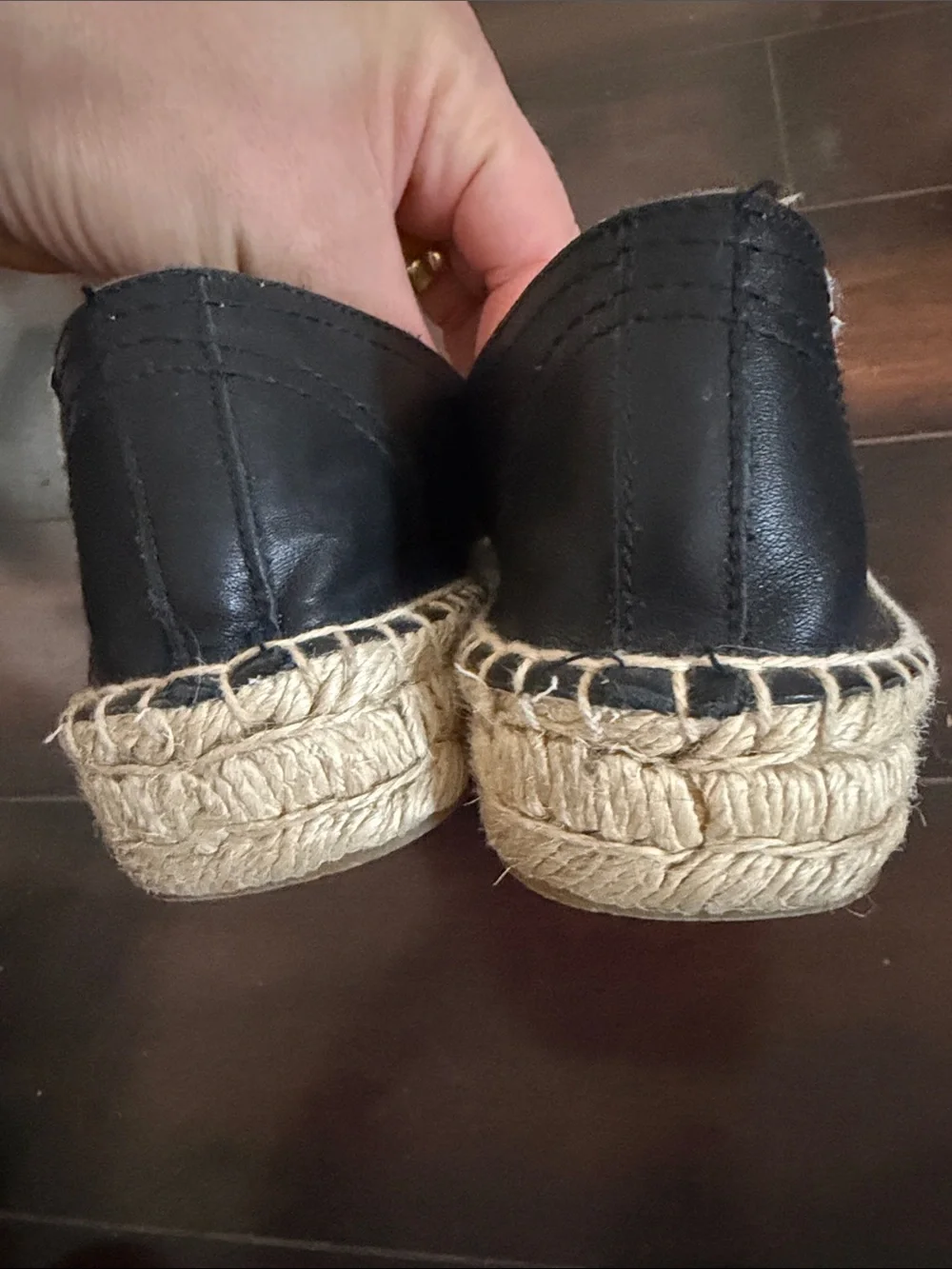 Soludos Black Leather Espadrille Slip-On Flats with Natural Jute Trim Size 9